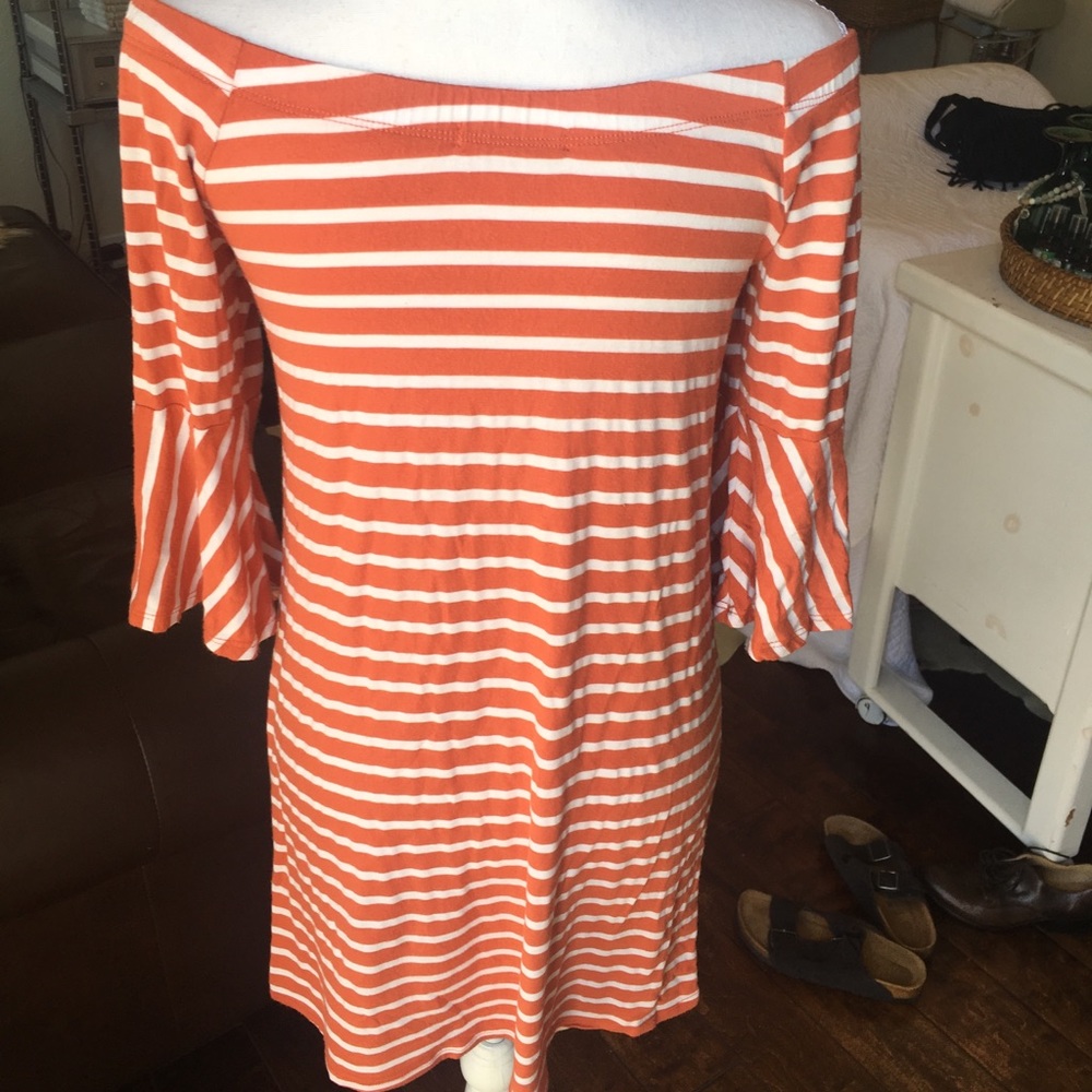Orange and white striped off the shoulder dress
